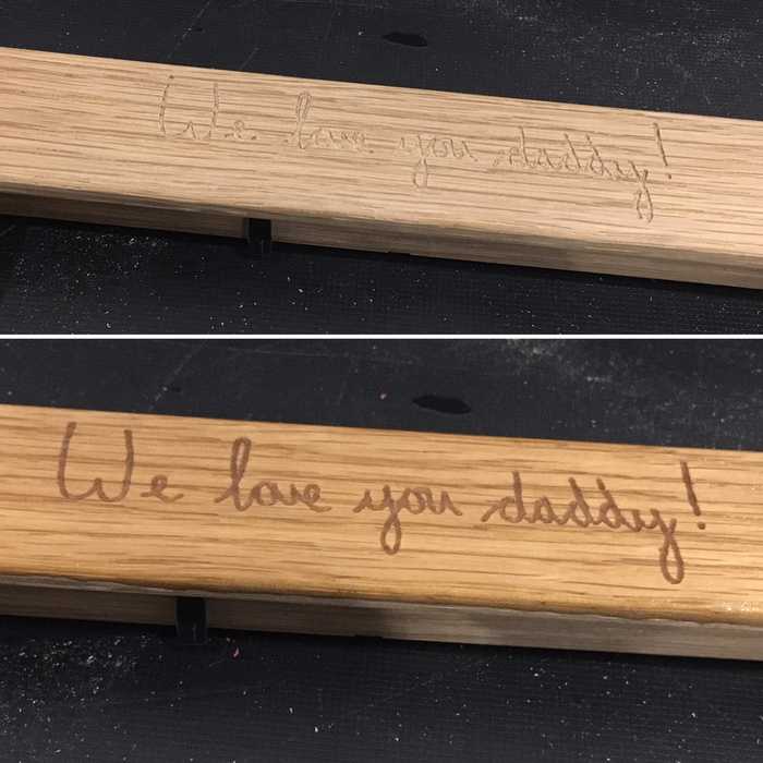 Engraved child's handwriting before and after being hand finished  engraved copy of actual handwriting