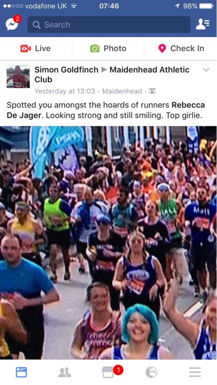 Friends can watch the London marathon on TV and share it on facebook with you