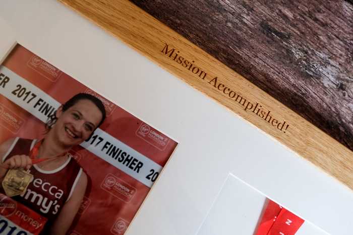 A Photo frame for a London marathon runner with an engraved message